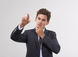 Image showing Hand, thinking or businessman on touchscreen in studio on white background for metaverse access. Future, interface or software system login for finger pointing, doubt or air technology for networking