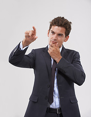 Image showing Hand, thinking or businessman on touchscreen in virtual reality studio on white background for metaverse. Future, update or software system login access with finger pointing, doubt or air technology