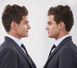 Image showing Business man, clone and face of worker with corporate career or job in studio isolated on white background. Twin, professional entrepreneur or employee together, replica or duplicate salesman in suit