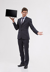 Image showing Portrait, screen or man holding laptop, business or entrepreneur on white studio background. Face, person or model with tech, internet or computer with presentation or showing with email notification