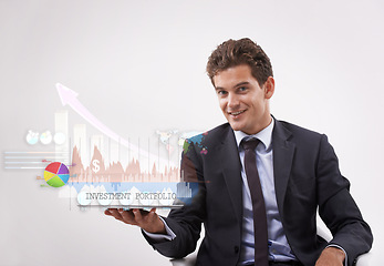 Image showing Portrait, future and businessman with graph on tablet for analysis of stock market investment. Happy face, technology and broker with chart for finance data isolated on a white studio background