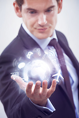 Image showing Businessman, hand and futuristic digital globe in studio isolated on a white background. World, hologram and professional with planet earth for connection, internet or 3d technology for consultant