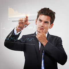 Image showing Businessman, thinking and trading with digital hologram for interaction, profit or cost on a gray studio background. Man, trader or financial broker in wonder on virtual dashboard for company finance