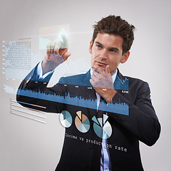 Image showing Businessman, graph and thinking on digital screen with statistics isolated on a white studio background. Chart, trader and touchscreen for finance data, idea or press button for investment on overlay