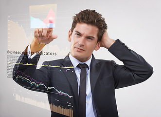 Image showing Businessman, thinking and trading with marketing hologram for digital profit or cost on a gray studio background. Man, trader or financial broker in wonder on virtual dashboard for company finance