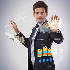 Image showing Businessman, market and finance with digital hologram, chart or graphs for training on a gray studio background. Man, trader or financial broker with virtual dashboard for corporate growth or stock