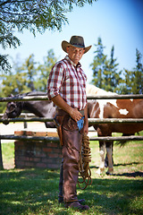 Image showing Portrait, cowboy and man at farm with rope in the rural countryside with horses in Texas. Ranch, confidence or serious person in western hat outdoor in casual clothes in nature at stable with animals