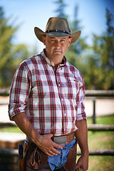 Image showing Portrait, serious cowboy and man at farm in the rural countryside for agriculture in Texas. Ranch, confidence and male person in western hat outdoor in casual clothes in nature at stable on field