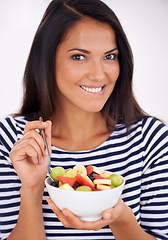 Image showing Fruit, portrait and healthy eating for excited woman, bowl and happy for fresh food. Natural, nutrition and sustainable for vegetarian, fiber and breakfast or dessert for minerals and vitamins