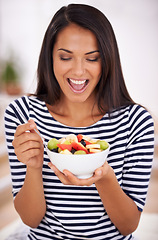 Image showing Fruit, diet and healthy eating for excited woman, salad and happy for fresh food. Natural, nutrition and sustainable for vegetarian, fiber and breakfast or dessert for minerals and vitamins