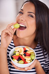 Image showing Portrait, woman and fruit bowl for eating, natural nutrition and healthy organic food. Happy, female person with snack with vitamins for skin and wellness, balance diet and salad with vegan choice