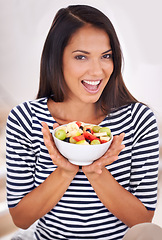 Image showing Portrait, woman and fruit bowl with smile, natural nutrition and healthy organic food. Happy, female person with snack with vitamins for skin and body wellness, balance diet and excited vegan choice