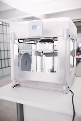 Image showing 3d printer, lab and tech in creative, prototyping and design in digital robotics innovation. Printing, machine and electronics to process, robot and material in additive manufacturing project
