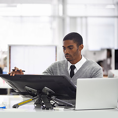 Image showing Professional, man and drawing on monitor in office as architect, planning with research for design. Creative, software and sketch with tablet and laptop for architecture, project and productivity