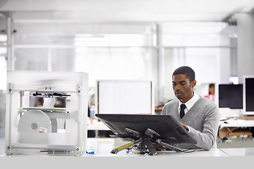 Image showing 3D, printing and man designing in office with drawing on monitor for planning with research for rendering. Creative, person and printer with tablet for project, productivity and development of tech