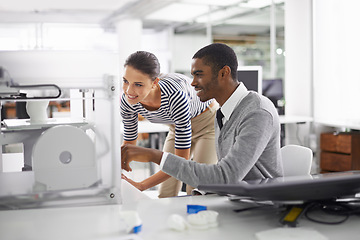 Image showing Designer, teamwork and working with 3D printer in office for project, collaboration and rendering prototype model. Engineering, people and excited for printing or machine in manufacturing process