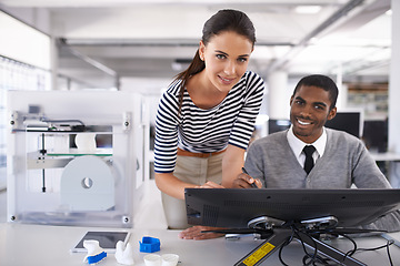 Image showing Colleagues, touchscreen monitor and 3d printer in office for software development, digital and technology at company. Diverse, coworkers or employees with smile for collaboration and programming