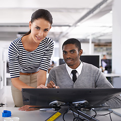 Image showing Designer, teamwork and drawing on monitor in office as architect, planning with research for collaboration. Creative, people or helping sketch on tablet for architecture, project and productivity