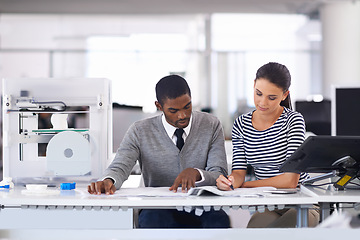 Image showing Business people, communication and printing design in office and diversity with collaboration in startup company. Man, woman and planning or teamwork as print technician and creative on technology