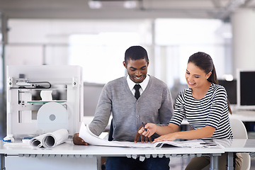 Image showing Business people, discussion and printer with design in office and diversity with collaboration in startup company. Man, woman and happy for teamwork as print technician and creative on technology