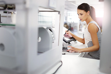 Image showing Woman, working and designer with 3D printer in office for creative planning on tech for rendering or research. Printing, prototype and person with technical drawing on monitor or engineering project