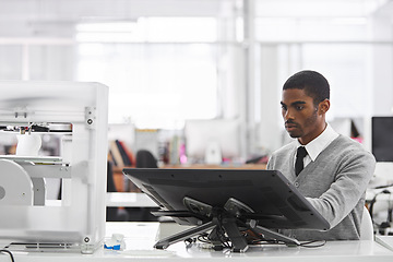 Image showing 3D, designer and man with printer in office and drawing on monitor for rendering planning and research. Creative, person and printing from tablet for project, development and tech for engineering