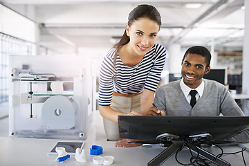 Image showing Happy, engineer and people with 3D printer in office for project, collaboration and rendering design on monitor. Engineering, teamwork and excited for printing or machine in manufacturing at lab