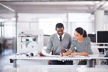 Image showing Business people, discussion and planning with paperwork in office and diversity in collaboration in 3D printing company. Man, woman and creative with idea in print technician team and design on table