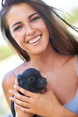 Image showing Portrait, woman and pig for volunteer, charity organization and rescue center. Welfare, smile and face of female person with piglet for foster care, adoption and animal sanctuary for nonprofit or ngo