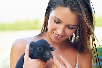 Image showing Face, smile and woman with piglet on farm for agriculture or sustainability outdoor in Texas. Love, pet or summer and happy young person with baby pig in nature for livestock caring or nurture