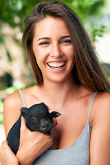 Image showing Portrait, outdoor and woman with a piglet, excited and cheerful with happiness or bonding together. Face, person or girl with animal or pet with summer or agriculture with joy, ranch or weekend break