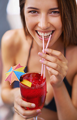 Image showing Portrait, woman and smile with cocktail for drinking, refreshment and fun at resort. Happy female person, beverage and alcohol or liquor to relax on holiday, vacation and travel in Puerto Rico