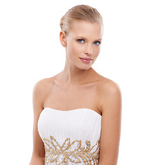 Image showing Portrait, woman and bride with wedding dress in studio on white background in confidence for fashion. Female person, classy and glamour in elegant gown design for love, anniversary and celebration.