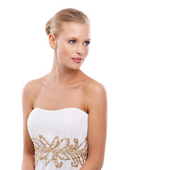 Image showing Thinking, woman and bride with wedding gown in studio on white background in confidence for fashion. Female person, classy and glamour in elegant dress design for love, anniversary and celebration.