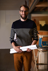 Image showing Portrait, smile and man with blueprint, architect and real estate development with ideas and glasses. Person, employee and engineering with documents or maintenance with renovation, smile or property