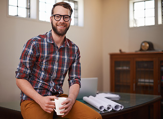 Image showing Portrait, coffee and handyman with blueprint, smile and construction company with engineering. Face, employee and entrepreneur with morning tea and design for a property and carpenter with startup