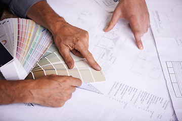 Image showing Hands, design and blueprint for architect in office of workshop, paperwork and schematics for planning. Closeup, creative and professional person with documents for business and construction