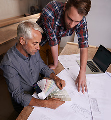 Image showing Architecture, laptop and men discussing for design with collaboration in workplace of workshop. Teamwork, male people and employees with floor plan in company for construction industry in New York