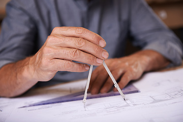 Image showing Hands, compass and architect person drawing blueprint, construction and civil engineering with stationery. Drawing tools, equipment and closeup of floor plan for property development or renovation