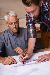 Image showing Engineering, team and men with blueprint in workshop for building, construction or repairs. Architects, design and industrial apprentice planning and working on industry project with mentor.