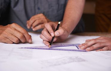 Image showing Hands, pencil and architect team drawing blueprint, construction and civil engineering with stationery. Design tools, collaboration and closeup of people with floor plan for property or renovation