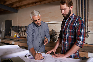 Image showing Architect, blueprint and workshop for plan, teamwork and mentor on project. Building, construction and design of residential homes and creative, real estate and development or planning of property