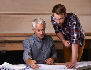 Image showing Architecture, blueprint and men discussing for design with collaboration in workplace of workshop. Teamwork, male people and employees with floor plan in company for construction industry in New York