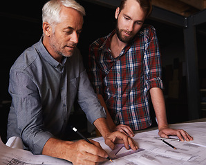 Image showing Mature man, architect or blueprint to draw, teamwork or project for technical communication. Older designer, mentor or apprentice for writing, collaboration or working for professional expert