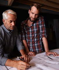 Image showing Architects, engineering and men with blueprint in office for building, construction or repairs. Team, design and industrial apprentice planning and working on industry project with mentor in workshop