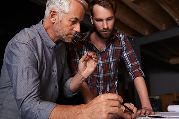 Image showing Mature man, teacher and student for architecture, student by watch, listen and creative training. Artist, paper and pencil to show, explain and draw as feedback, guidance and mentorship by expert