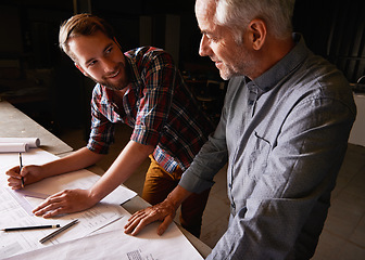 Image showing Men, paper and architect for business, meeting and feedback for project, review and discussion. Planning, older client or document to consult, advice or expert in proposal, presentation or pitch