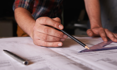 Image showing Hands, pencil and architect drawing blueprint, construction person and civil engineering with stationery. Drawing tools, paperwork and closeup of floor plan for property development or renovation