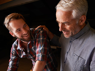 Image showing Mature man, apprentice and smile to learn, work or business together for trust, teamwork or support. Manager, employee and happy to plan, collaboration and conversation for connection and knowledge