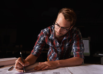 Image showing Man, architect and thinking of blueprint, working and planning for construction. Architecture, building and engineering for infrastructure, design and contractor for career for remodel and measuring